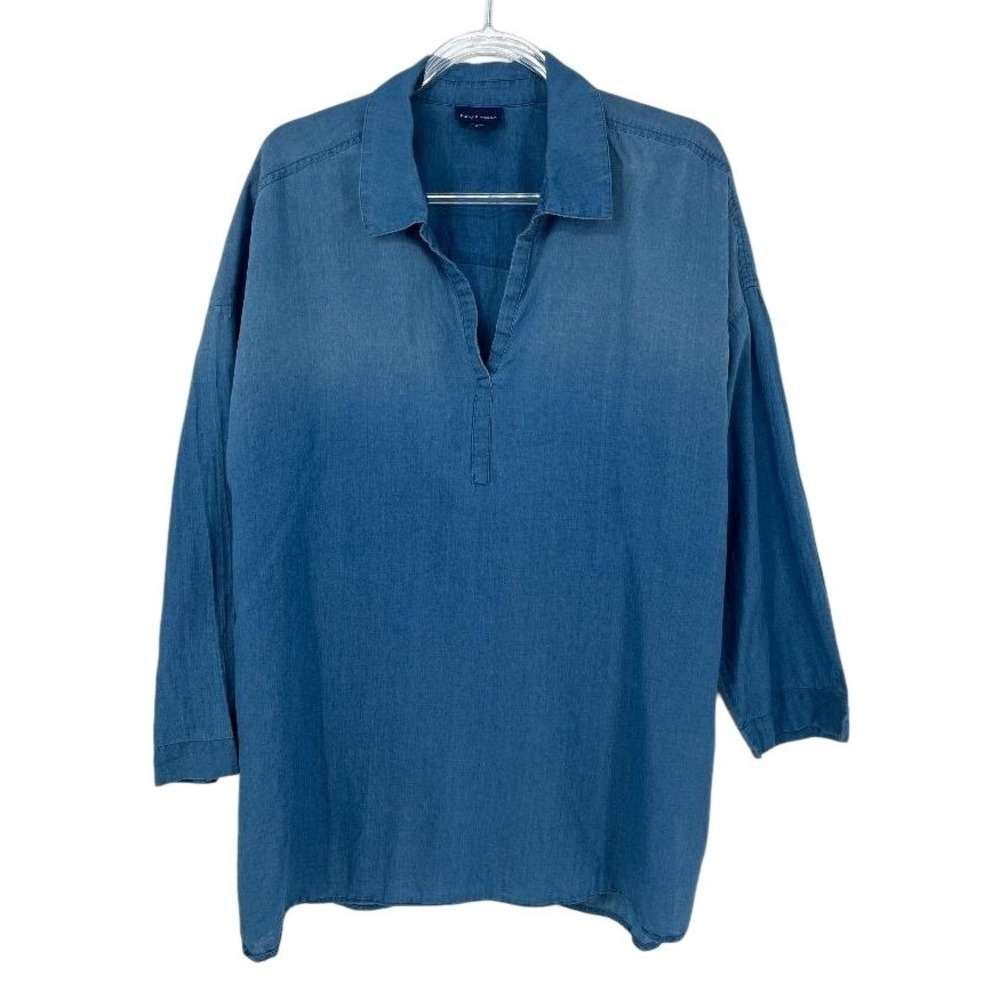 Pure Jill Indigo XL Blue Chambray Tunic Top Cotton Pullover Relaxed Coastall